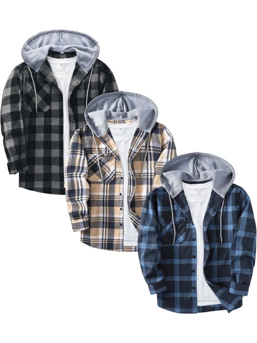 Cozy 3-Pack Men's Flannel Hoodies | Long Sleeve Plaid Button-Down Shirts